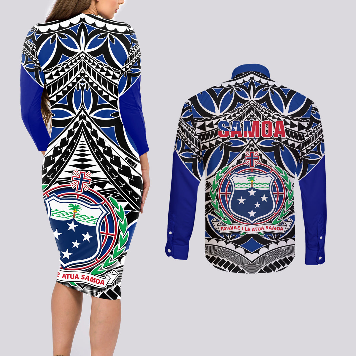 Samoa 685 Couples Matching Long Sleeve Bodycon Dress and Long Sleeve Button Shirt Samoan Coat Of Arms Simple Style - Wonder Print Shop