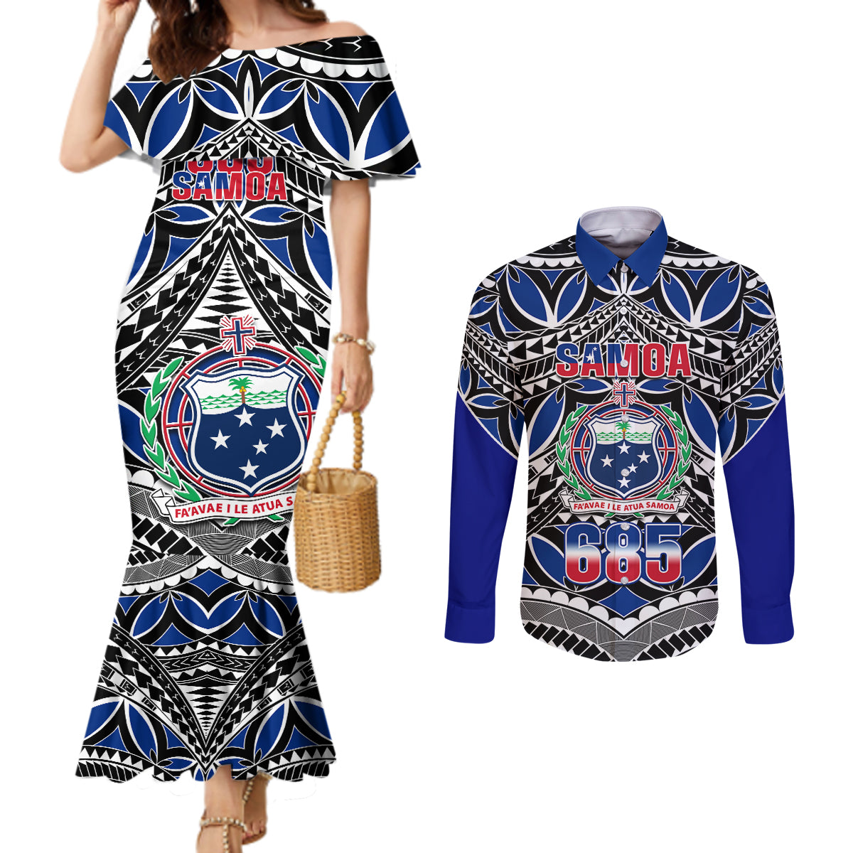 samoa-685-couples-matching-mermaid-dress-and-long-sleeve-button-shirt-samoan-coat-of-arms-simple-style