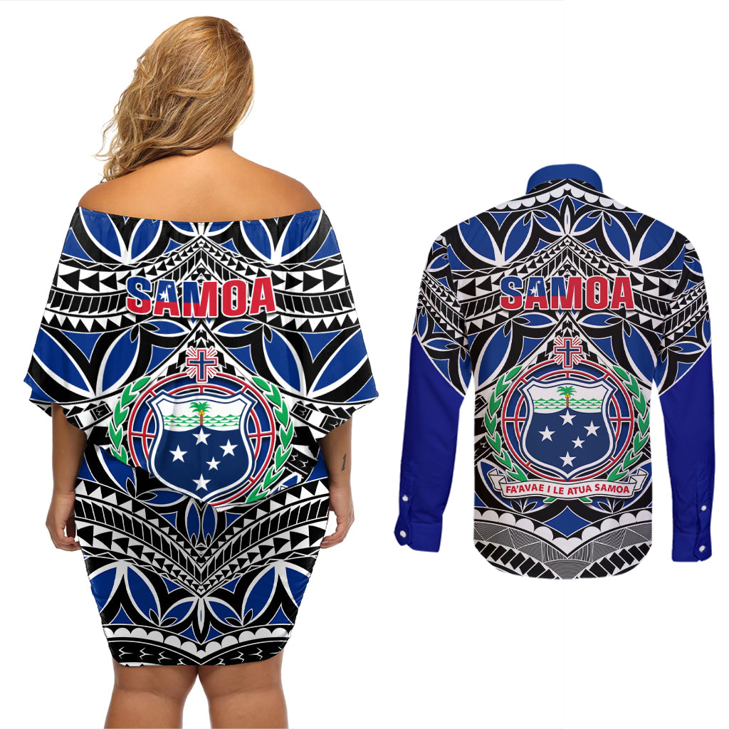 Samoa 685 Couples Matching Off Shoulder Short Dress and Long Sleeve Button Shirt Samoan Coat Of Arms Simple Style - Wonder Print Shop