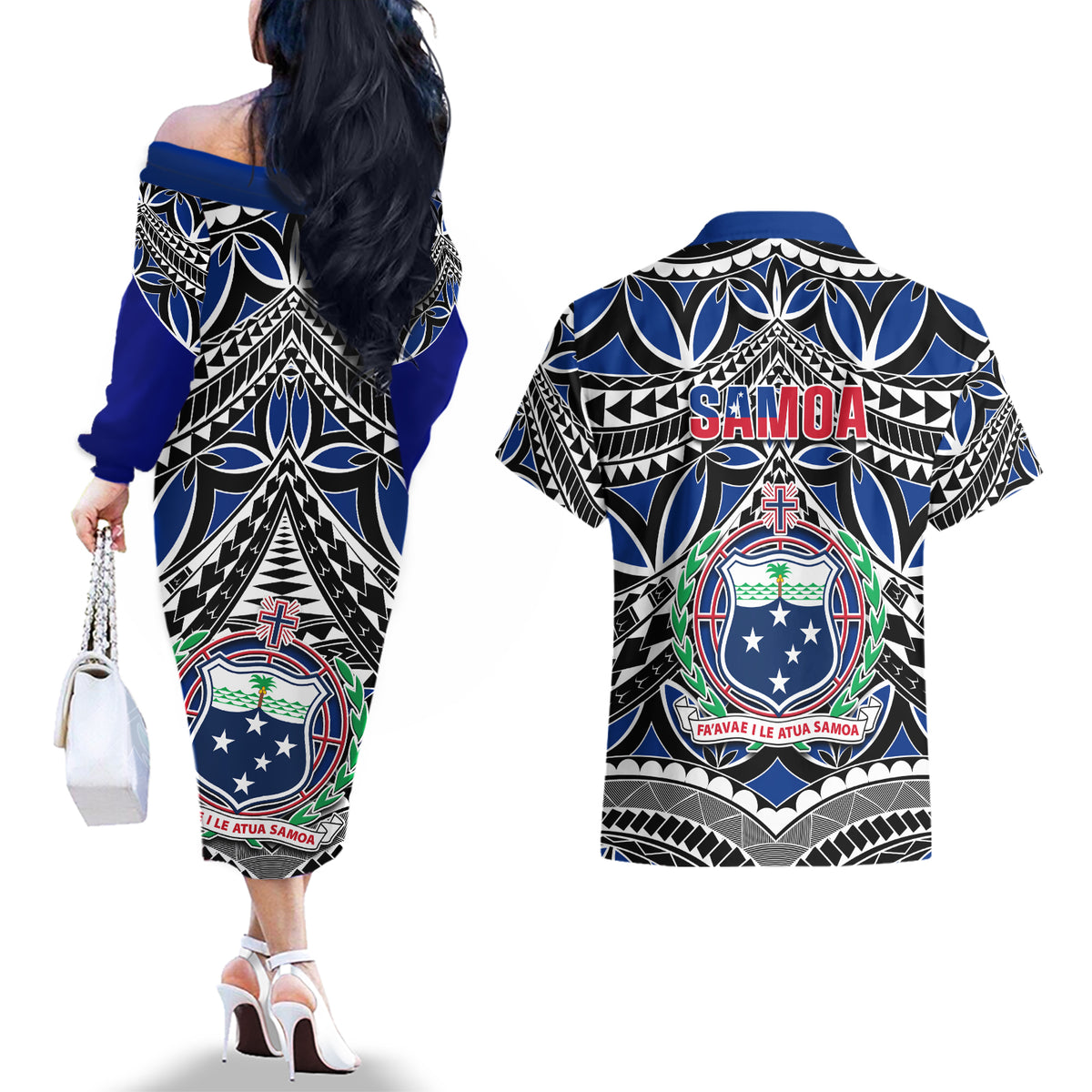 Samoa 685 Couples Matching Off The Shoulder Long Sleeve Dress and Hawaiian Shirt Samoan Coat Of Arms Simple Style - Wonder Print Shop