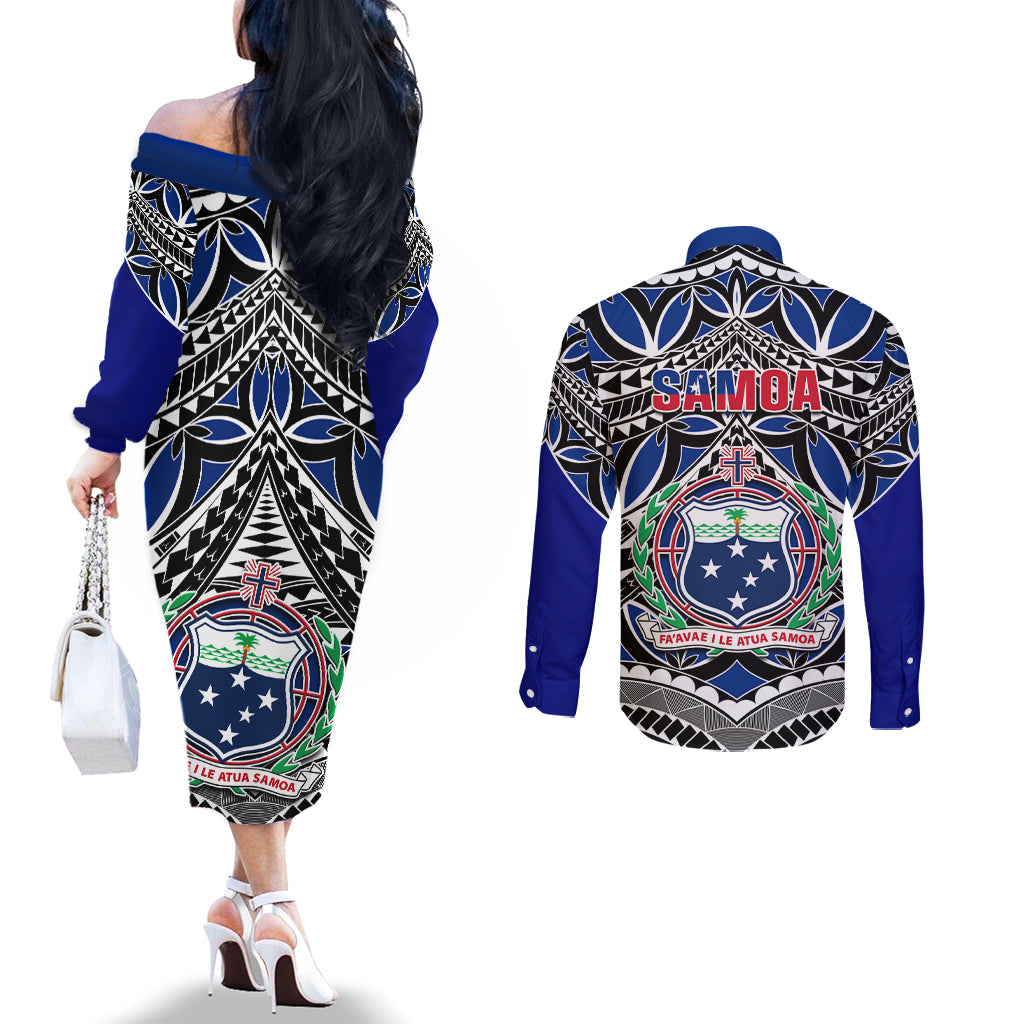 samoa-685-couples-matching-off-the-shoulder-long-sleeve-dress-and-long-sleeve-button-shirt-samoan-coat-of-arms-simple-style