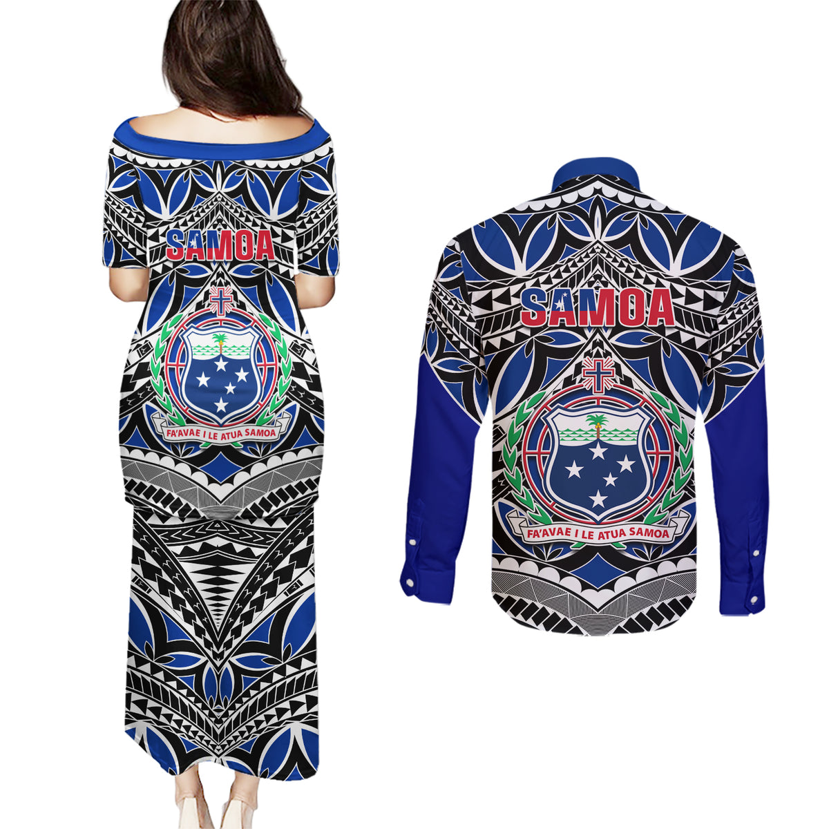 Samoa 685 Couples Matching Puletasi Dress and Long Sleeve Button Shirt Samoan Coat Of Arms Simple Style - Wonder Print Shop