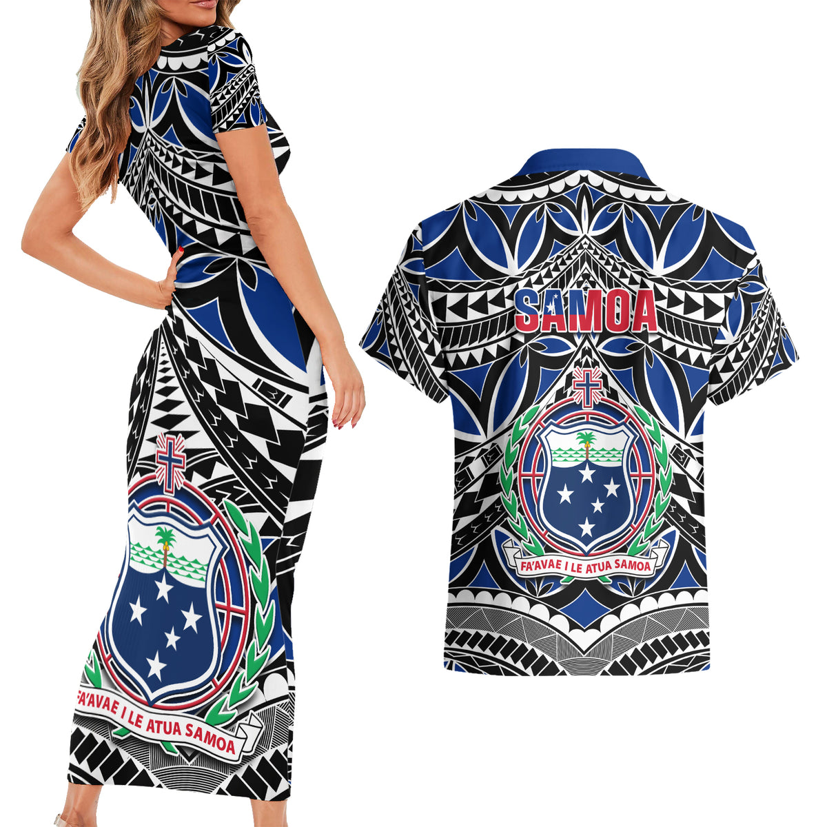 Samoa 685 Couples Matching Short Sleeve Bodycon Dress and Hawaiian Shirt Samoan Coat Of Arms Simple Style - Wonder Print Shop