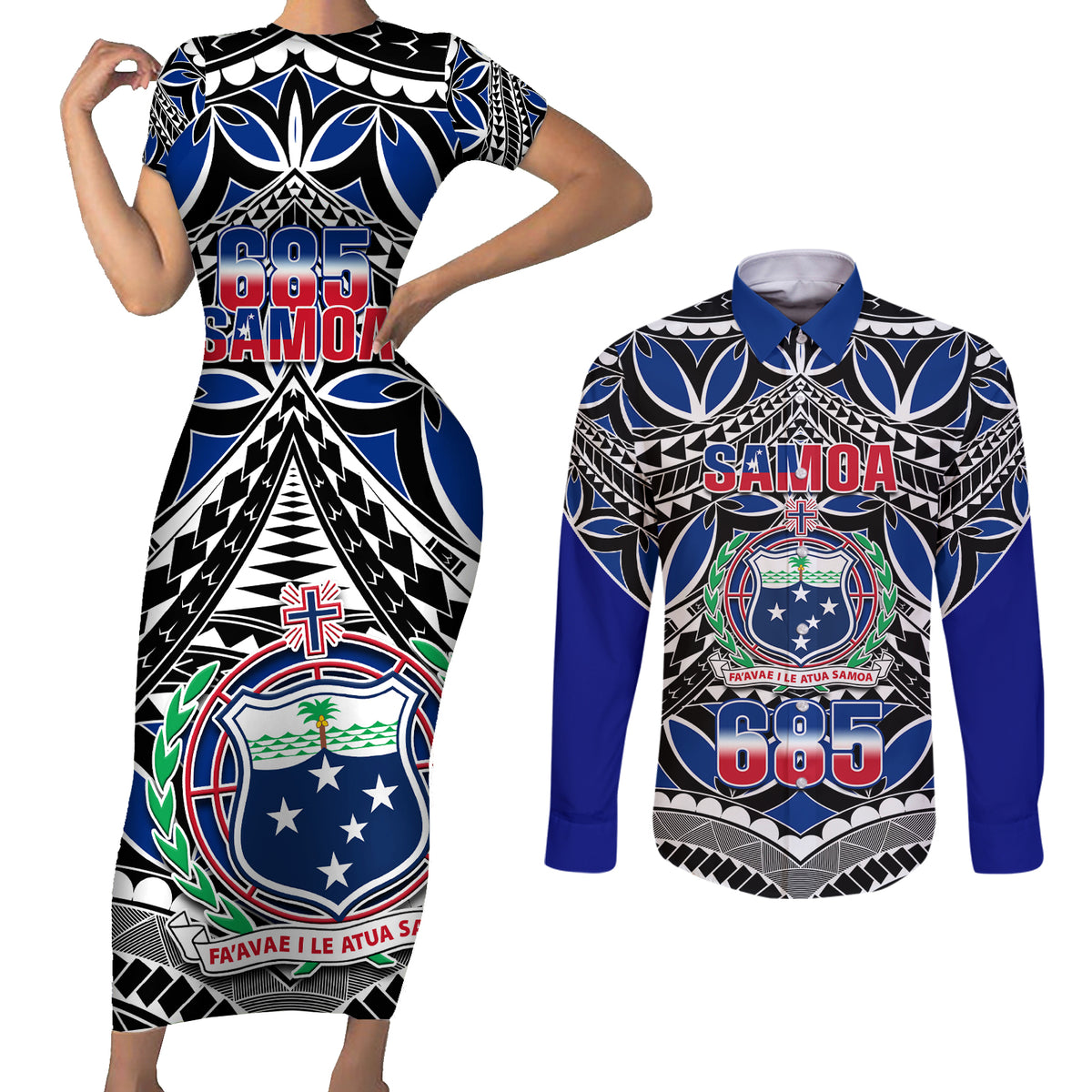 Samoa 685 Couples Matching Short Sleeve Bodycon Dress and Long Sleeve Button Shirt Samoan Coat Of Arms Simple Style - Wonder Print Shop