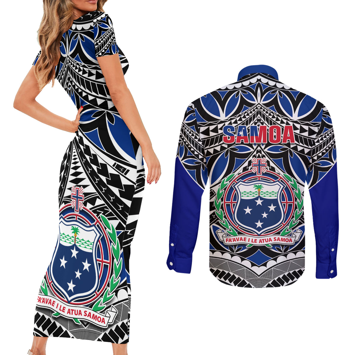 Samoa 685 Couples Matching Short Sleeve Bodycon Dress and Long Sleeve Button Shirt Samoan Coat Of Arms Simple Style - Wonder Print Shop