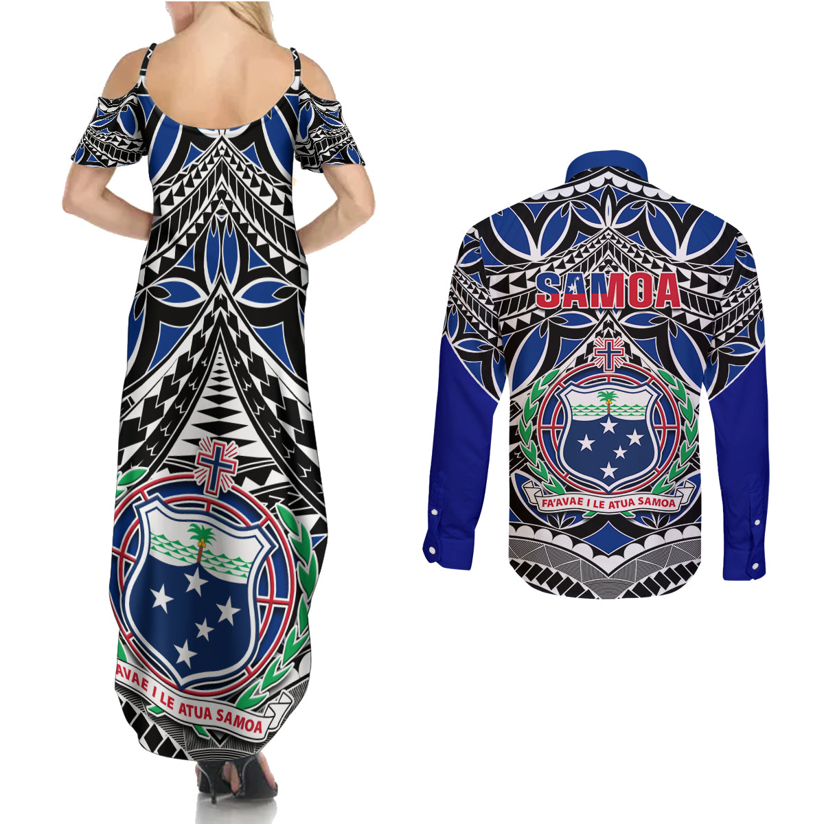 Samoa 685 Couples Matching Summer Maxi Dress and Long Sleeve Button Shirt Samoan Coat Of Arms Simple Style - Wonder Print Shop