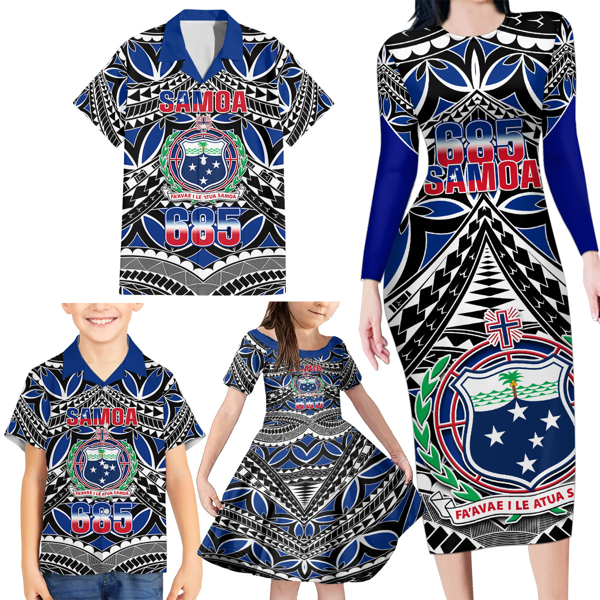 Samoa 685 Family Matching Long Sleeve Bodycon Dress and Hawaiian Shirt Samoan Coat Of Arms Simple Style - Wonder Print Shop