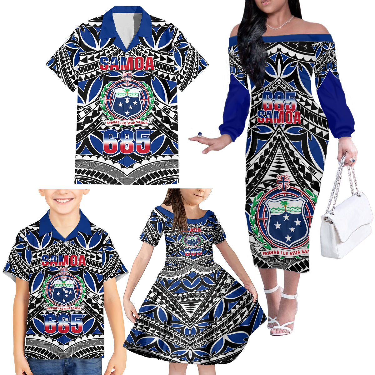 Samoa 685 Family Matching Off Shoulder Long Sleeve Dress and Hawaiian Shirt Samoan Coat Of Arms Simple Style - Wonder Print Shop