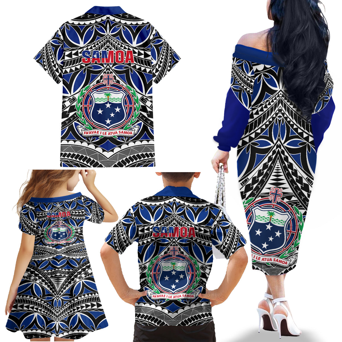 Samoa 685 Family Matching Off Shoulder Long Sleeve Dress and Hawaiian Shirt Samoan Coat Of Arms Simple Style - Wonder Print Shop
