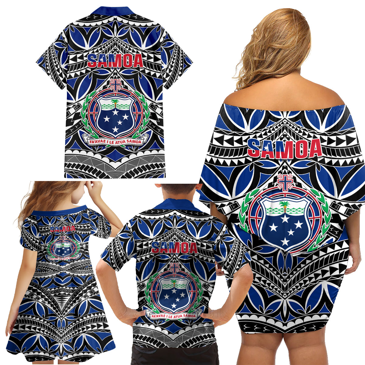 Samoa 685 Family Matching Off Shoulder Short Dress and Hawaiian Shirt Samoan Coat Of Arms Simple Style - Wonder Print Shop