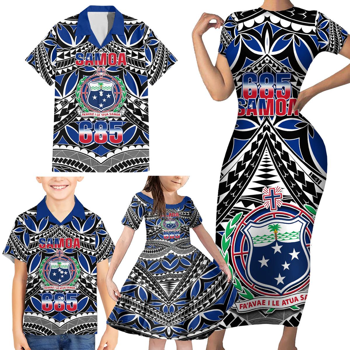 Samoa 685 Family Matching Short Sleeve Bodycon Dress and Hawaiian Shirt Samoan Coat Of Arms Simple Style - Wonder Print Shop