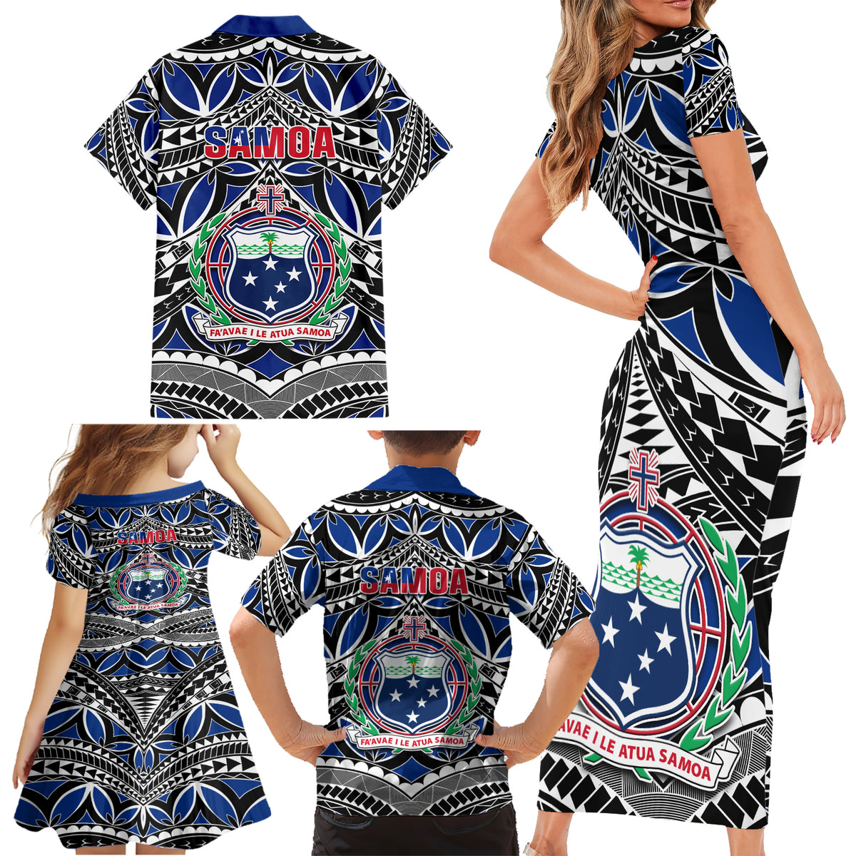 Samoa 685 Family Matching Short Sleeve Bodycon Dress and Hawaiian Shirt Samoan Coat Of Arms Simple Style - Wonder Print Shop
