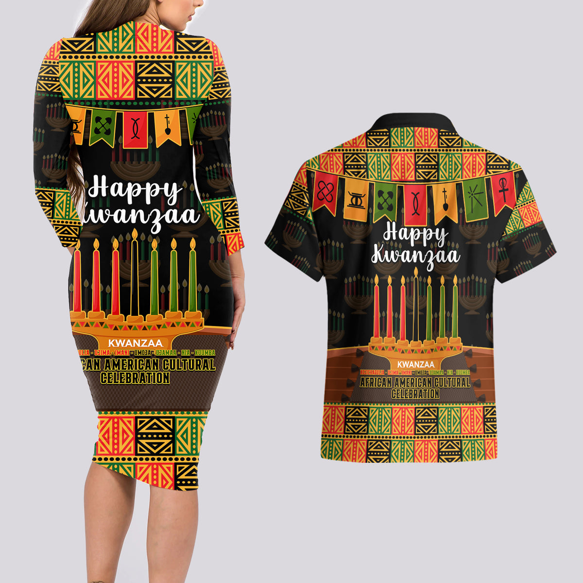 Happy Kwanzaa Couples Matching Long Sleeve Bodycon Dress and Hawaiian Shirt African-American Culture Celebration - Wonder Print Shop