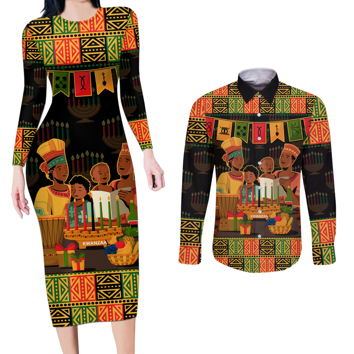 Happy Kwanzaa Couples Matching Long Sleeve Bodycon Dress and Long Sleeve Button Shirt African-American Culture Celebration - Wonder Print Shop
