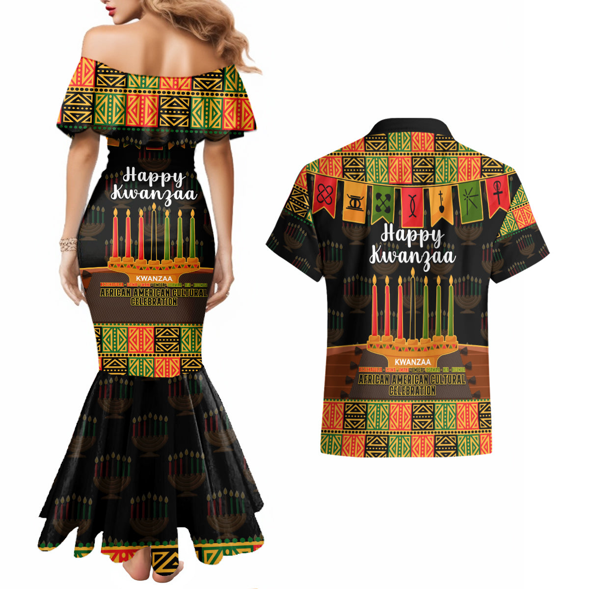 Happy Kwanzaa Couples Matching Mermaid Dress and Hawaiian Shirt African-American Culture Celebration - Wonder Print Shop