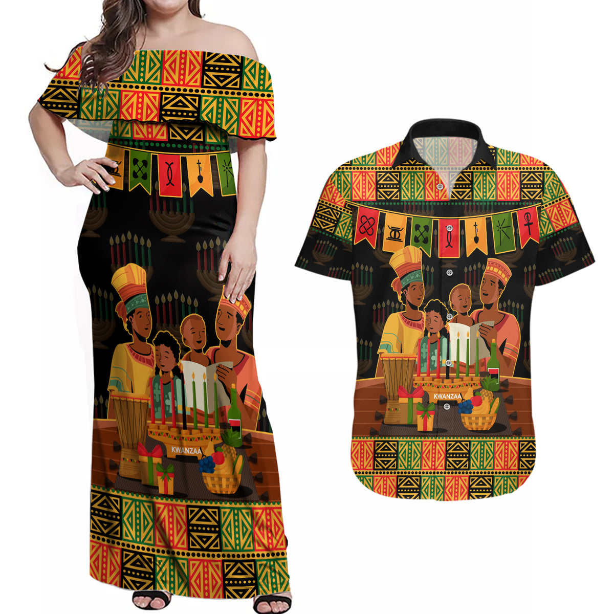 Happy Kwanzaa Couples Matching Off Shoulder Maxi Dress and Hawaiian Shirt African-American Culture Celebration - Wonder Print Shop