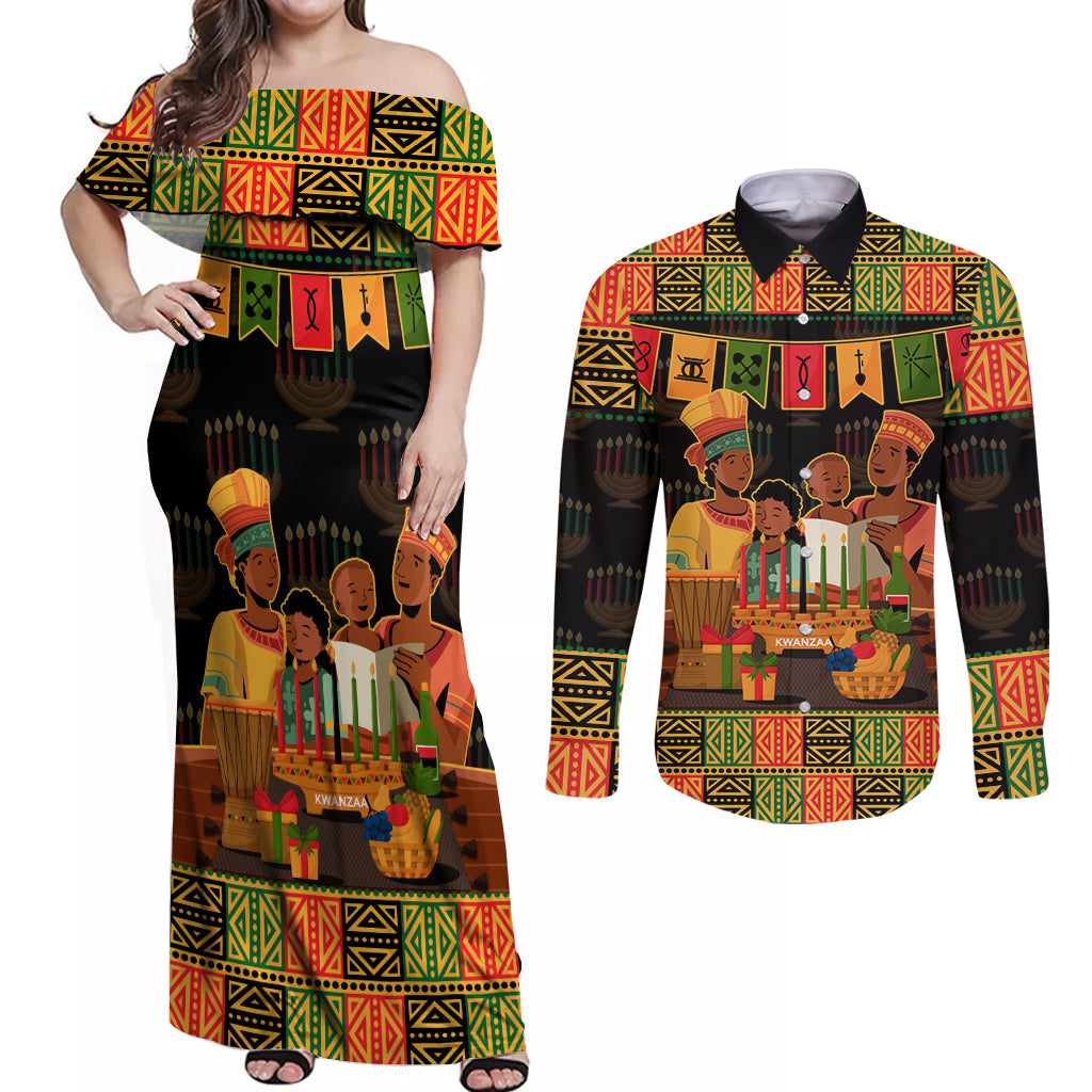 Happy Kwanzaa  Couples Matching Off Shoulder Maxi Dress and Long Sleeve Button Shirt African-American Culture Celebration - Wonder Print Shop