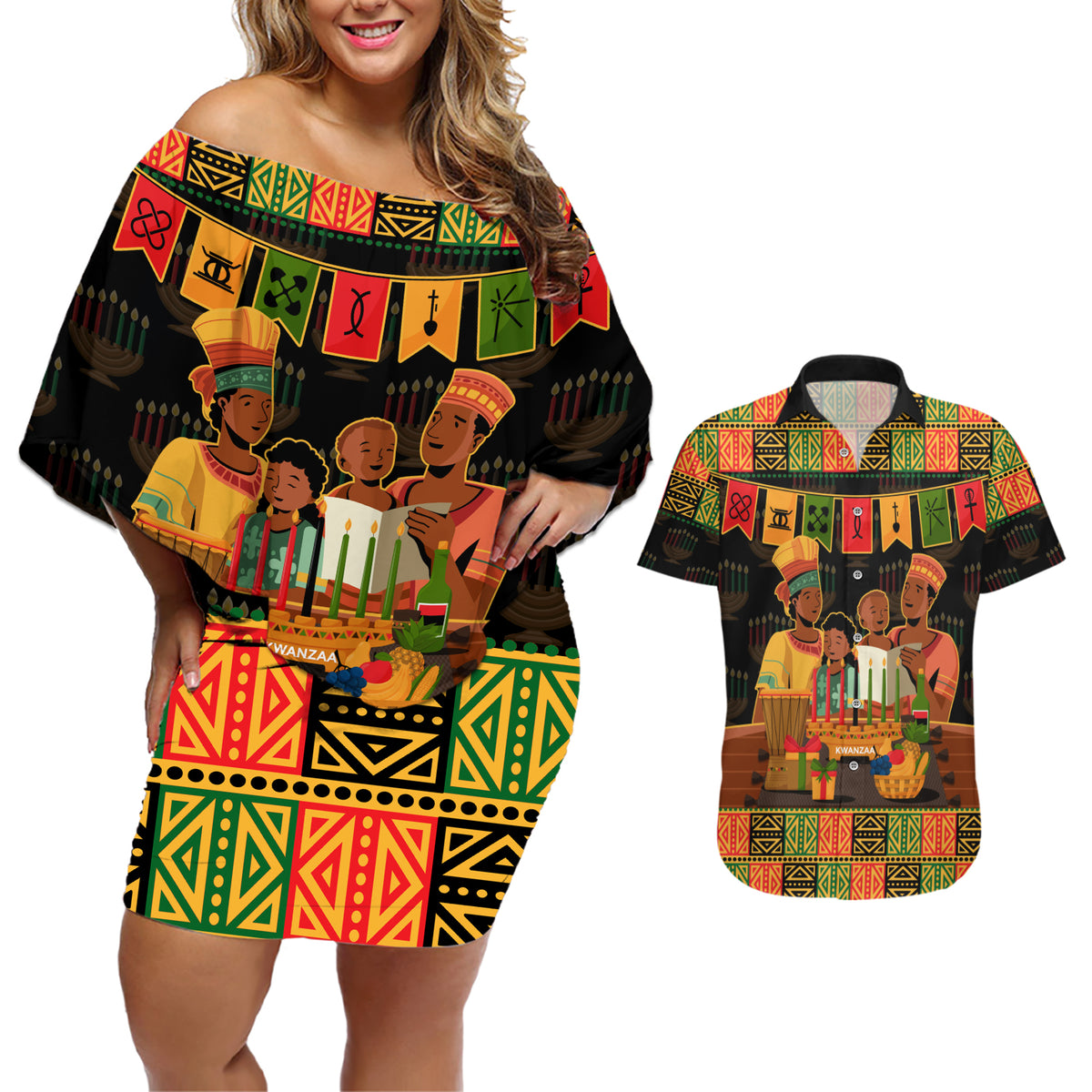 Happy Kwanzaa Couples Matching Off Shoulder Short Dress and Hawaiian Shirt African-American Culture Celebration - Wonder Print Shop