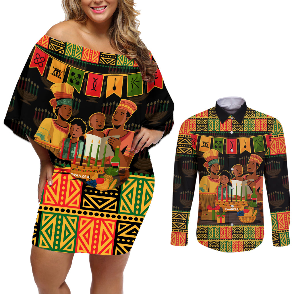 Happy Kwanzaa Couples Matching Off Shoulder Short Dress and Long Sleeve Button Shirt African-American Culture Celebration - Wonder Print Shop