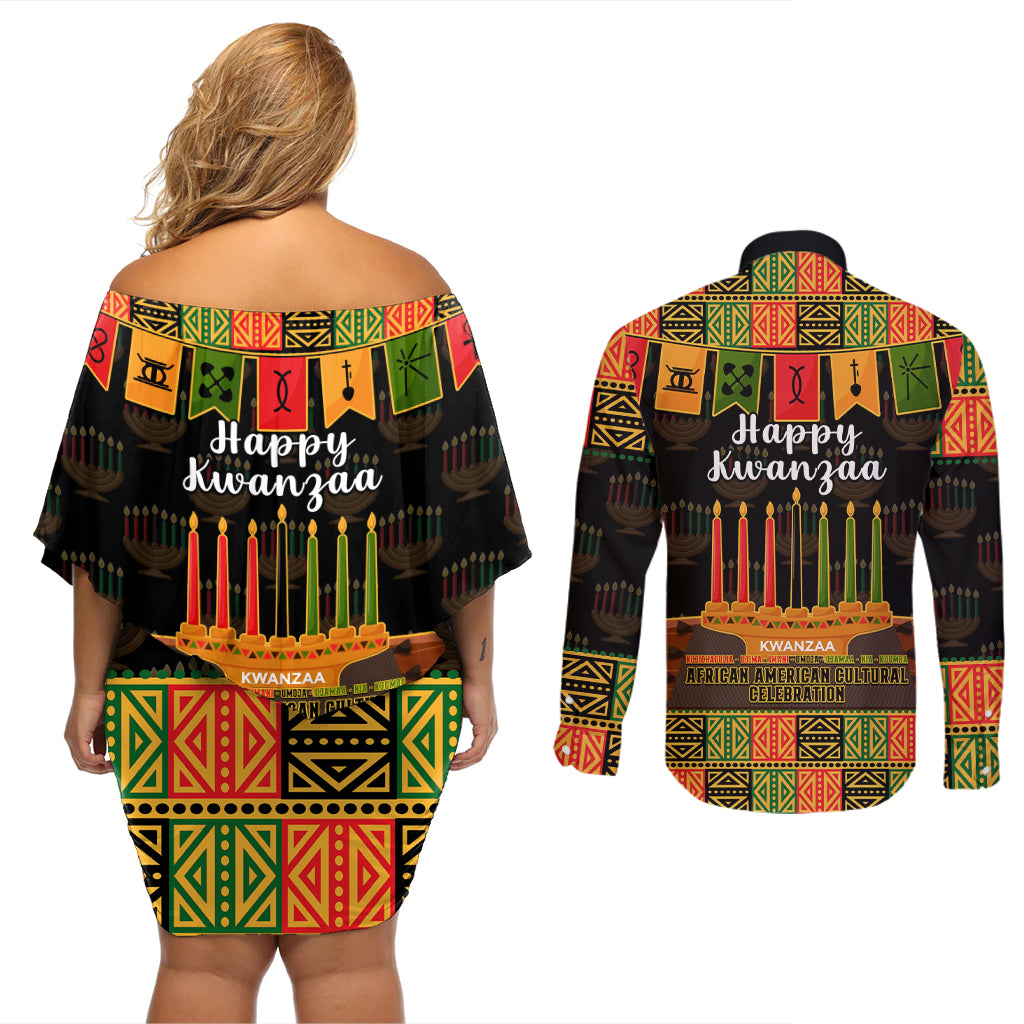 Happy Kwanzaa Couples Matching Off Shoulder Short Dress and Long Sleeve Button Shirt African-American Culture Celebration - Wonder Print Shop