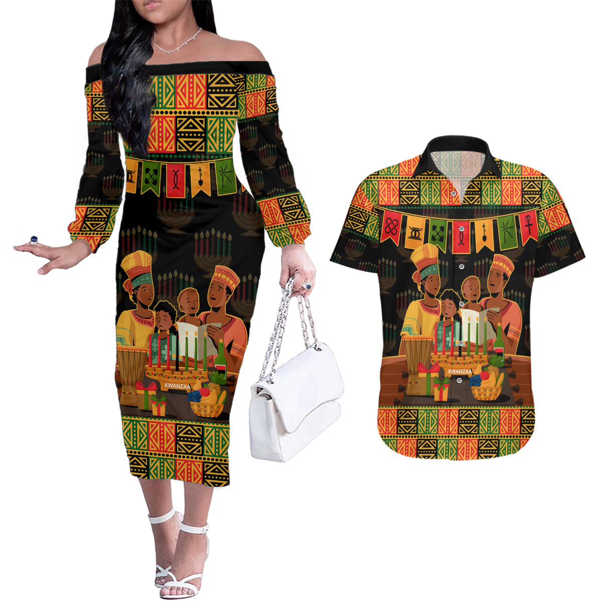 Happy Kwanzaa Couples Matching Off The Shoulder Long Sleeve Dress and Hawaiian Shirt African-American Culture Celebration - Wonder Print Shop