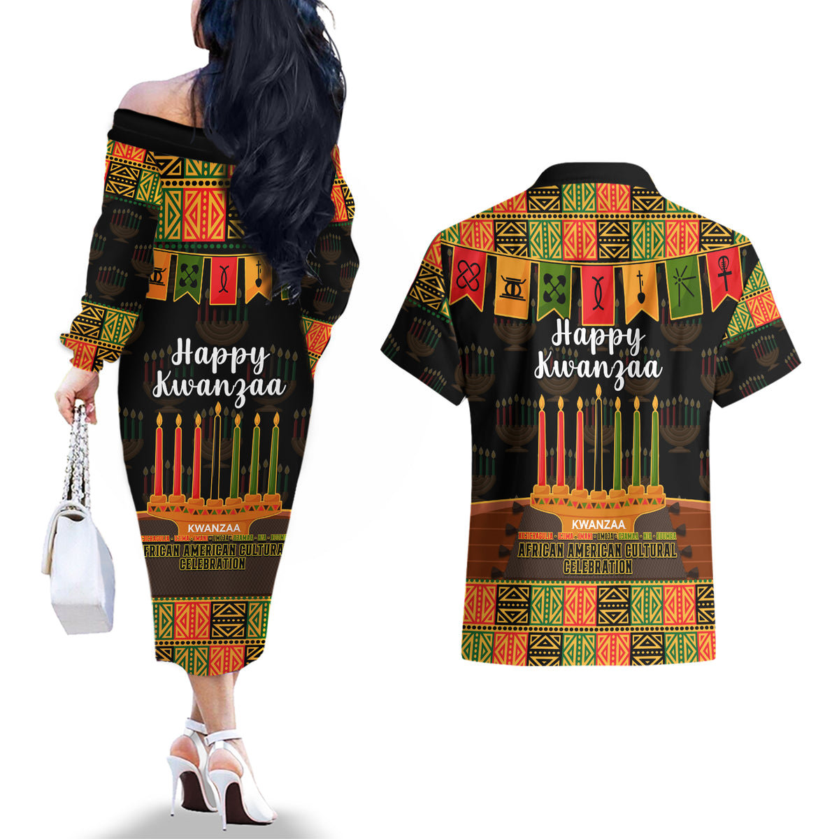 Happy Kwanzaa Couples Matching Off The Shoulder Long Sleeve Dress and Hawaiian Shirt African-American Culture Celebration - Wonder Print Shop