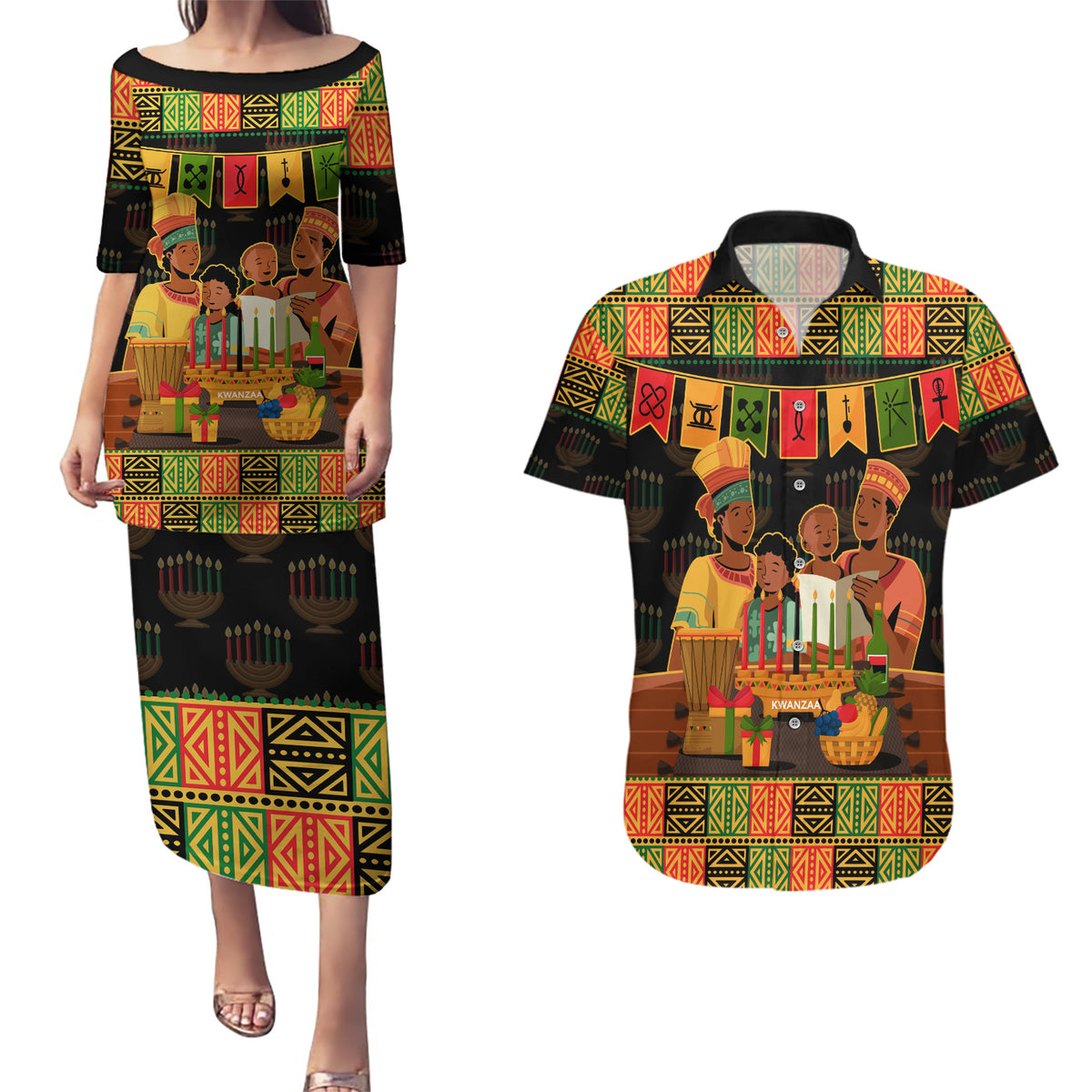 Happy Kwanzaa Couples Matching Puletasi Dress and Hawaiian Shirt African-American Culture Celebration - Wonder Print Shop