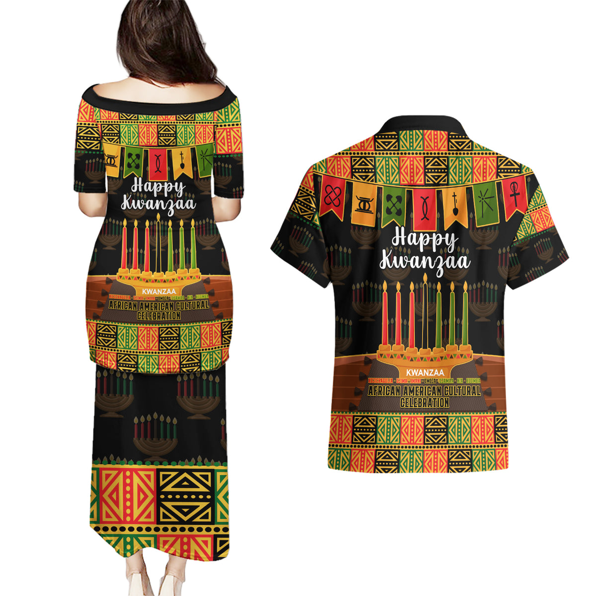 Happy Kwanzaa Couples Matching Puletasi Dress and Hawaiian Shirt African-American Culture Celebration - Wonder Print Shop