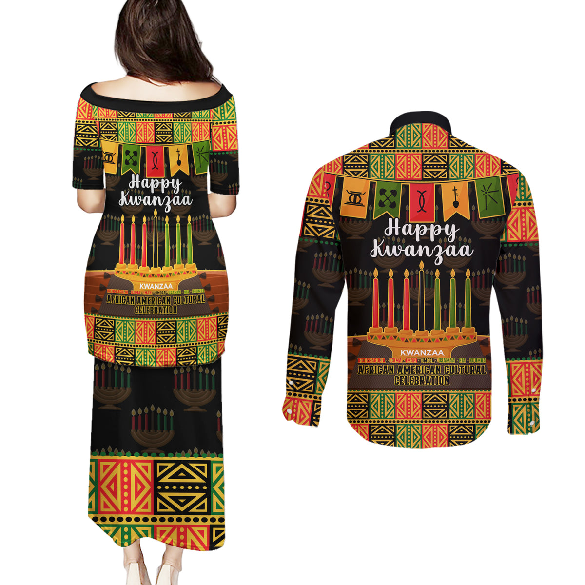 Happy Kwanzaa Couples Matching Puletasi Dress and Long Sleeve Button Shirt African-American Culture Celebration - Wonder Print Shop