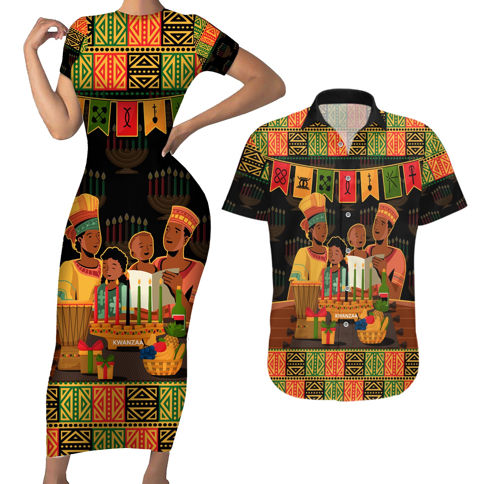 Happy Kwanzaa Couples Matching Short Sleeve Bodycon Dress and Hawaiian Shirt African-American Culture Celebration - Wonder Print Shop