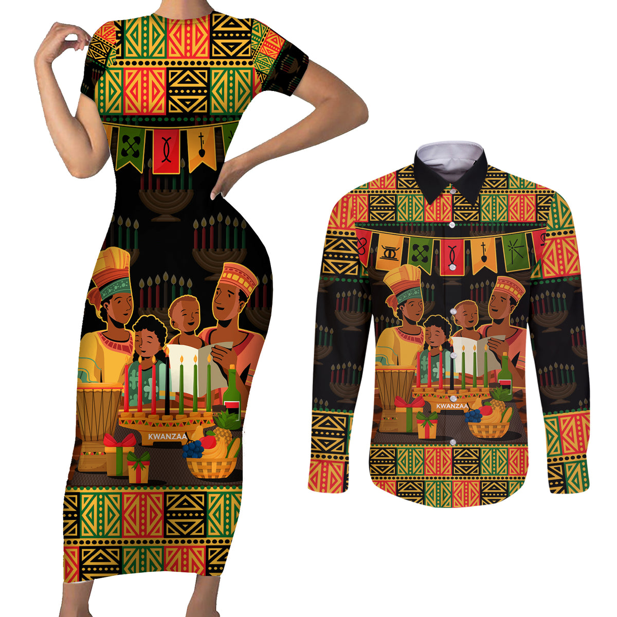 Happy Kwanzaa Couples Matching Short Sleeve Bodycon Dress and Long Sleeve Button Shirt African-American Culture Celebration - Wonder Print Shop