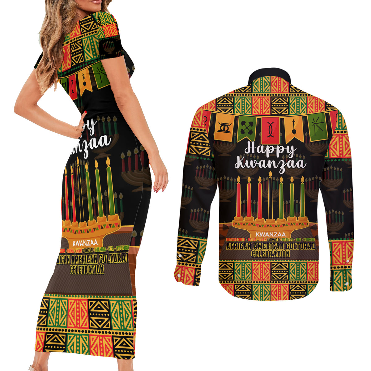 Happy Kwanzaa Couples Matching Short Sleeve Bodycon Dress and Long Sleeve Button Shirt African-American Culture Celebration - Wonder Print Shop