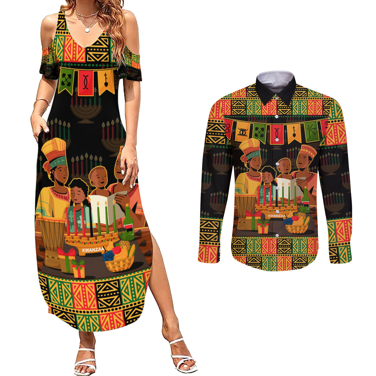 Happy Kwanzaa Couples Matching Summer Maxi Dress and Long Sleeve Button Shirt African-American Culture Celebration - Wonder Print Shop