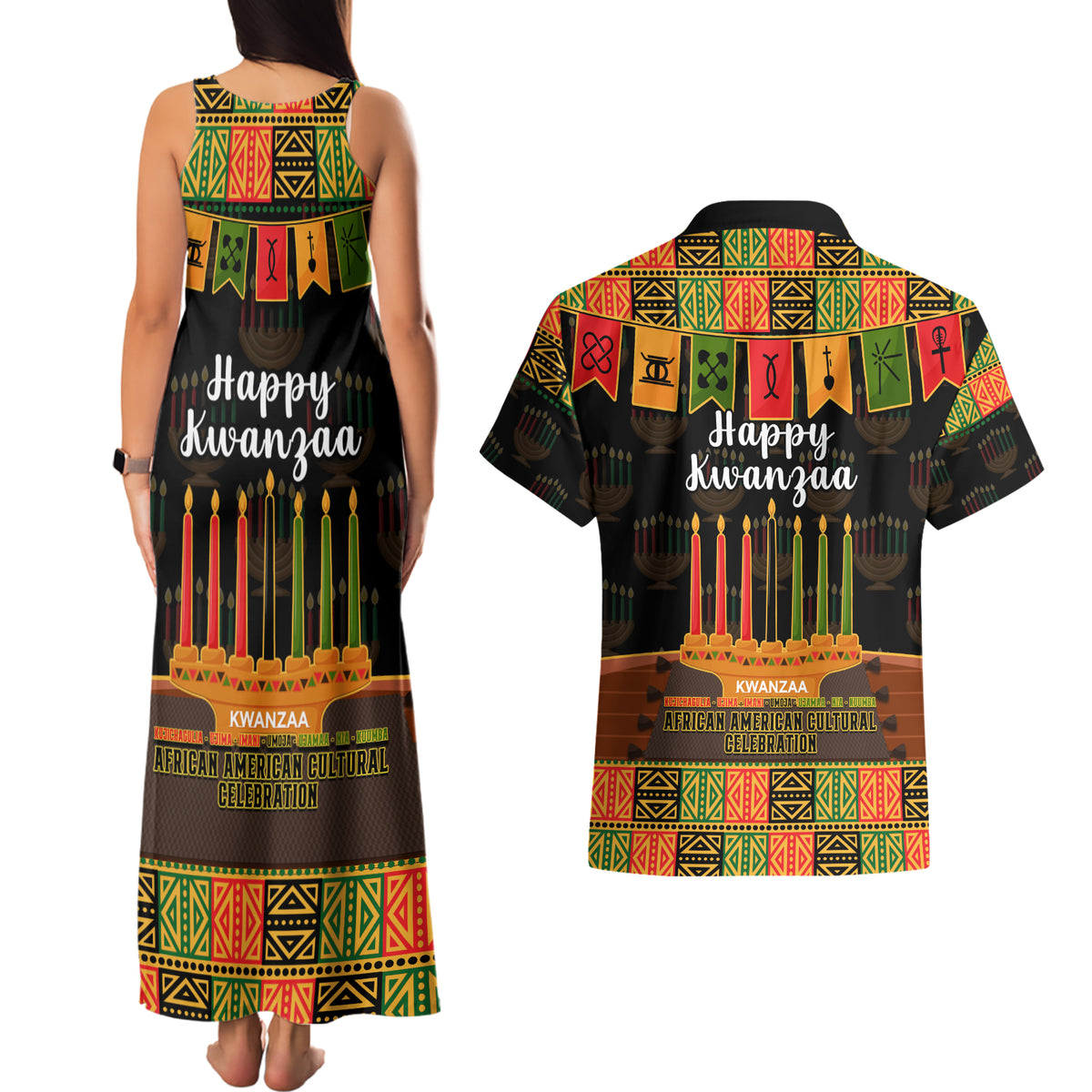 Happy Kwanzaa Couples Matching Tank Maxi Dress and Hawaiian Shirt African-American Culture Celebration - Wonder Print Shop