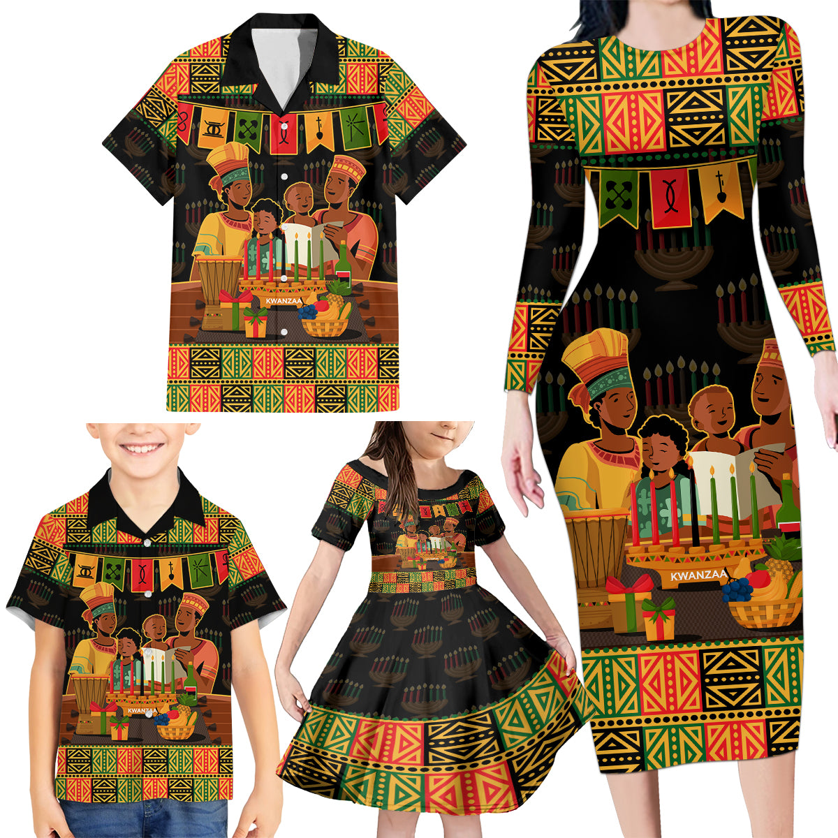 Happy Kwanzaa Family Matching Long Sleeve Bodycon Dress and Hawaiian Shirt African-American Culture Celebration - Wonder Print Shop