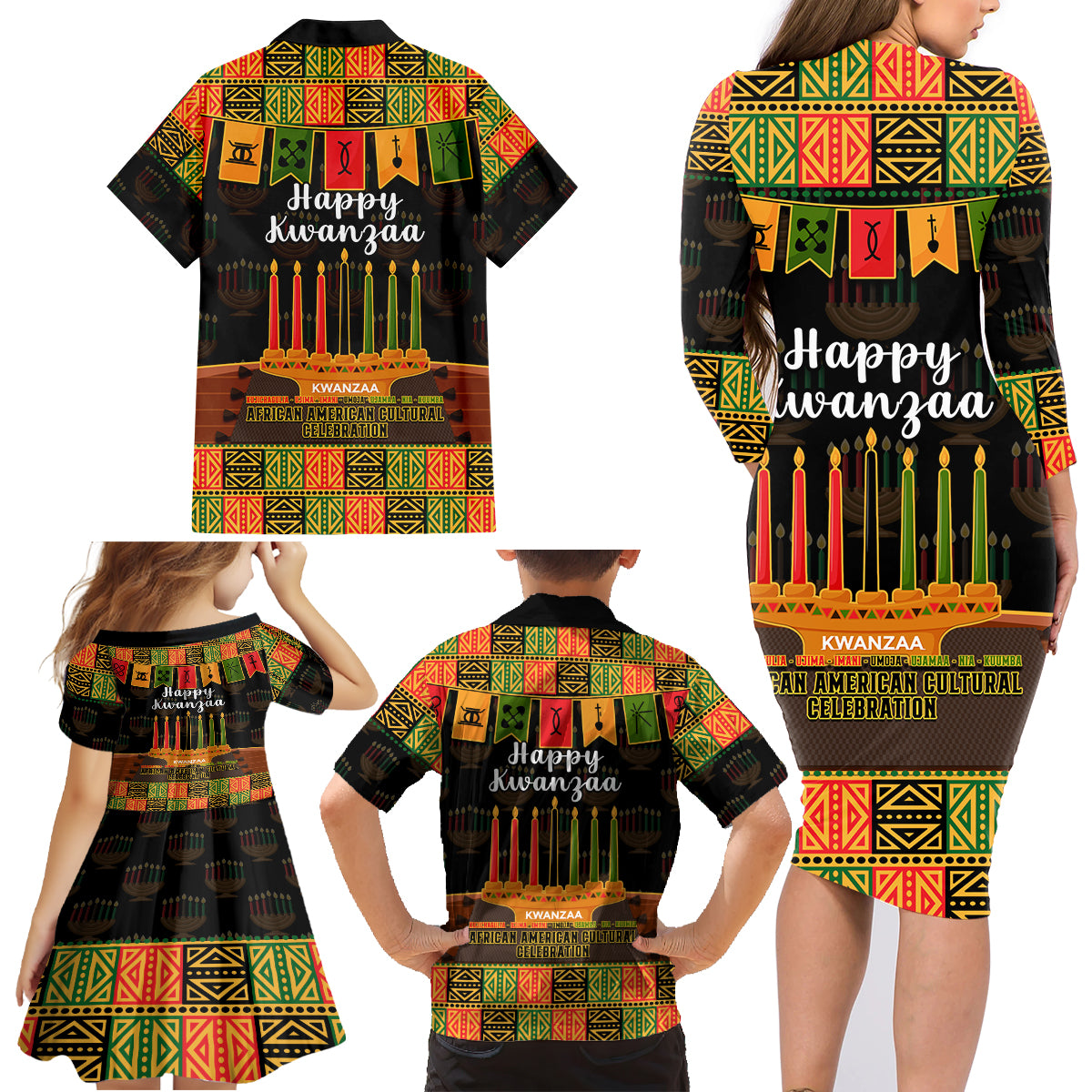 Happy Kwanzaa Family Matching Long Sleeve Bodycon Dress and Hawaiian Shirt African-American Culture Celebration - Wonder Print Shop