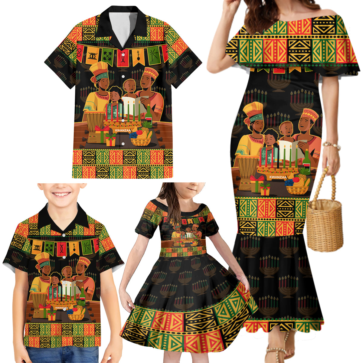 Happy Kwanzaa Family Matching Mermaid Dress and Hawaiian Shirt African-American Culture Celebration - Wonder Print Shop