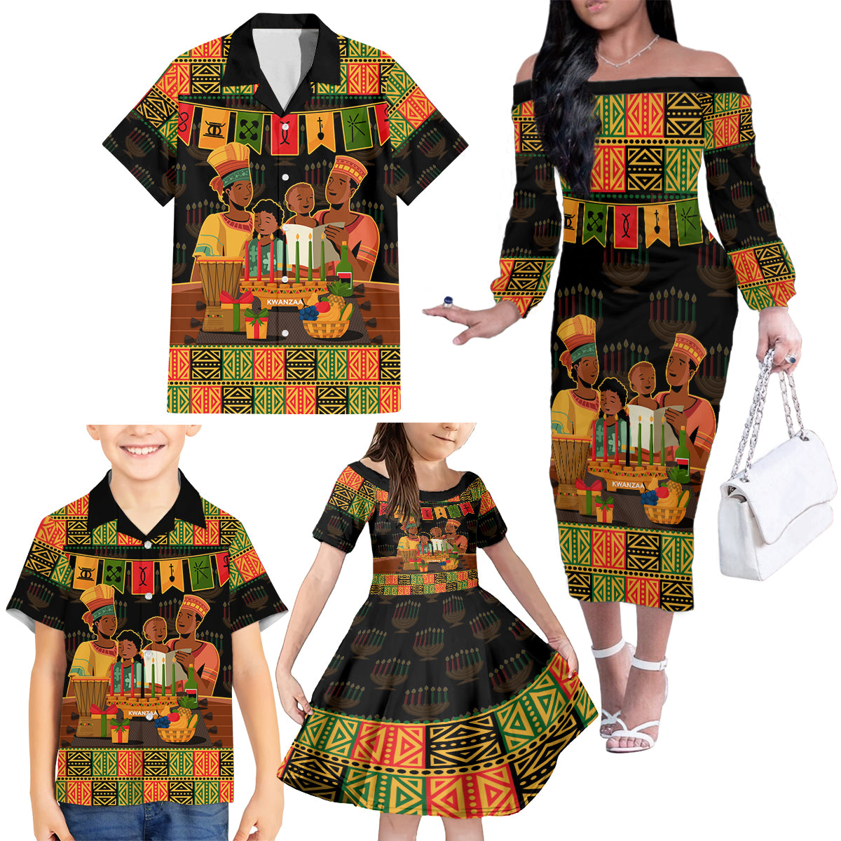Happy Kwanzaa Family Matching Off Shoulder Long Sleeve Dress and Hawaiian Shirt African-American Culture Celebration - Wonder Print Shop