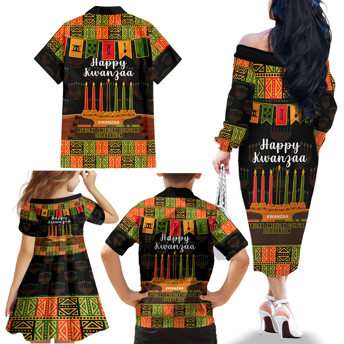 Happy Kwanzaa Family Matching Off Shoulder Long Sleeve Dress and Hawaiian Shirt African-American Culture Celebration - Wonder Print Shop