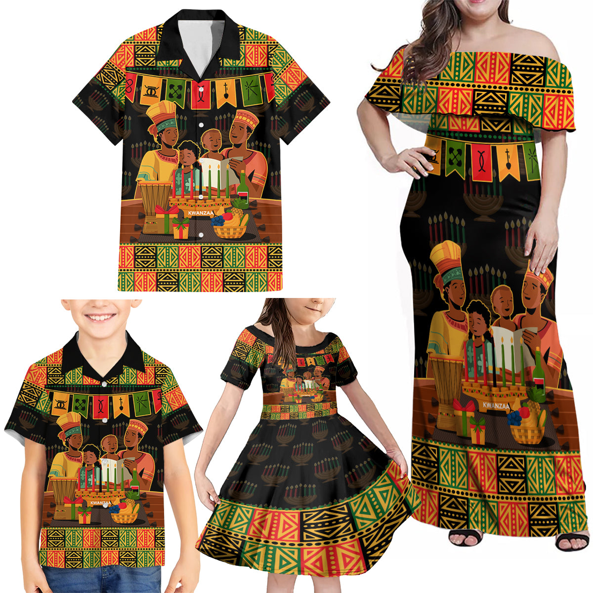 Happy Kwanzaa Family Matching Off Shoulder Maxi Dress and Hawaiian Shirt African-American Culture Celebration - Wonder Print Shop