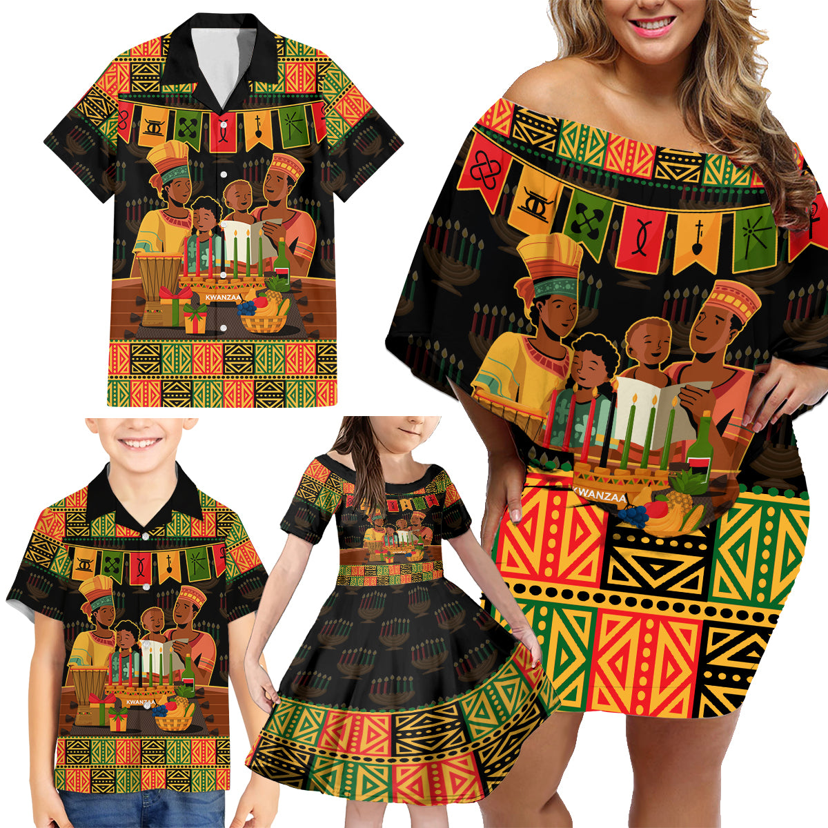Happy Kwanzaa Family Matching Off Shoulder Short Dress and Hawaiian Shirt African-American Culture Celebration - Wonder Print Shop