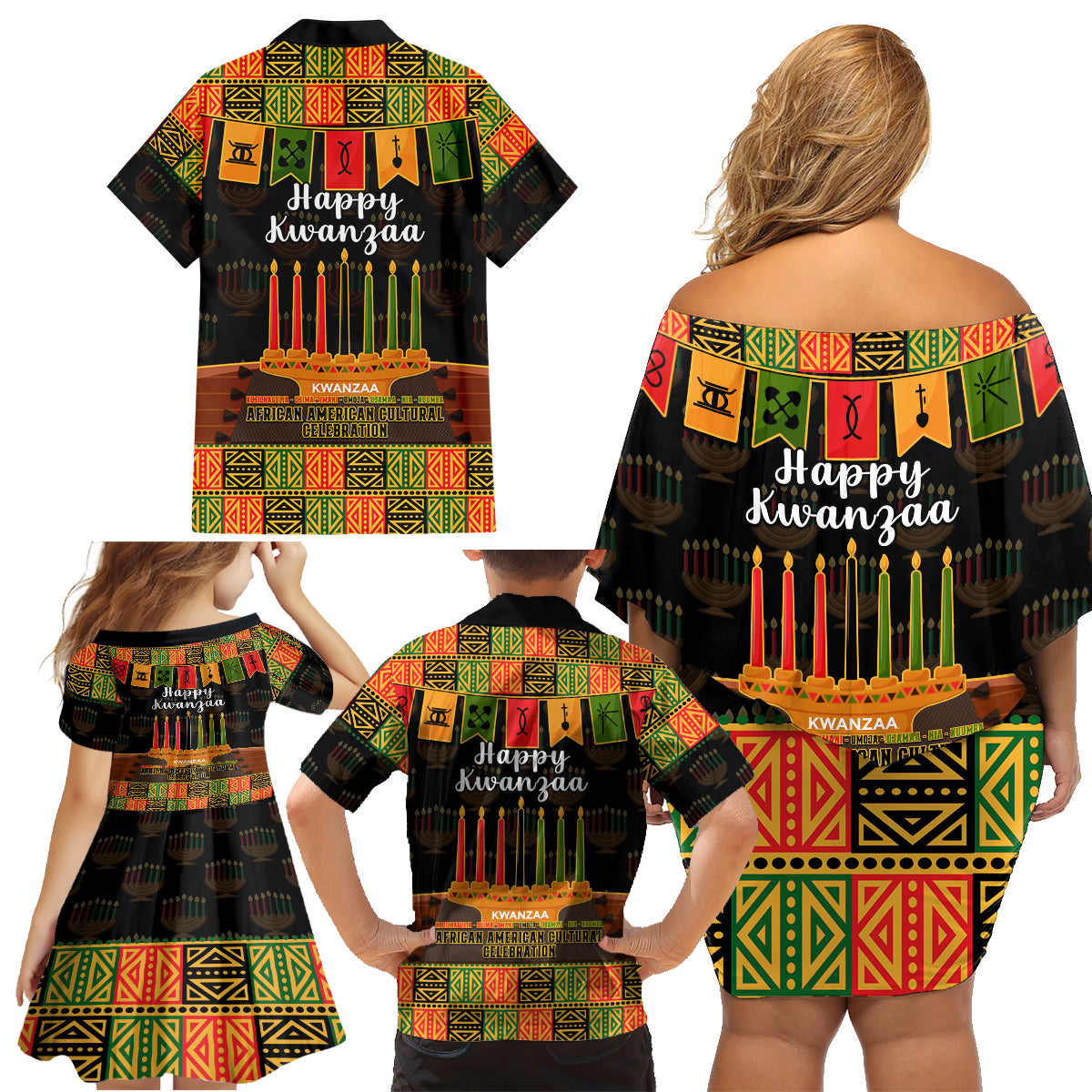 Happy Kwanzaa Family Matching Off Shoulder Short Dress and Hawaiian Shirt African-American Culture Celebration - Wonder Print Shop
