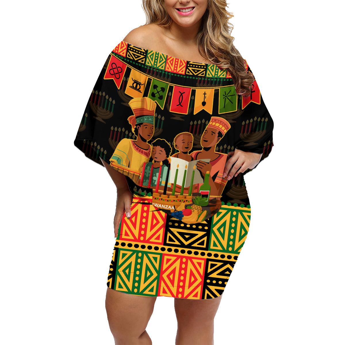 Happy Kwanzaa Family Matching Off Shoulder Short Dress and Hawaiian Shirt African-American Culture Celebration - Wonder Print Shop