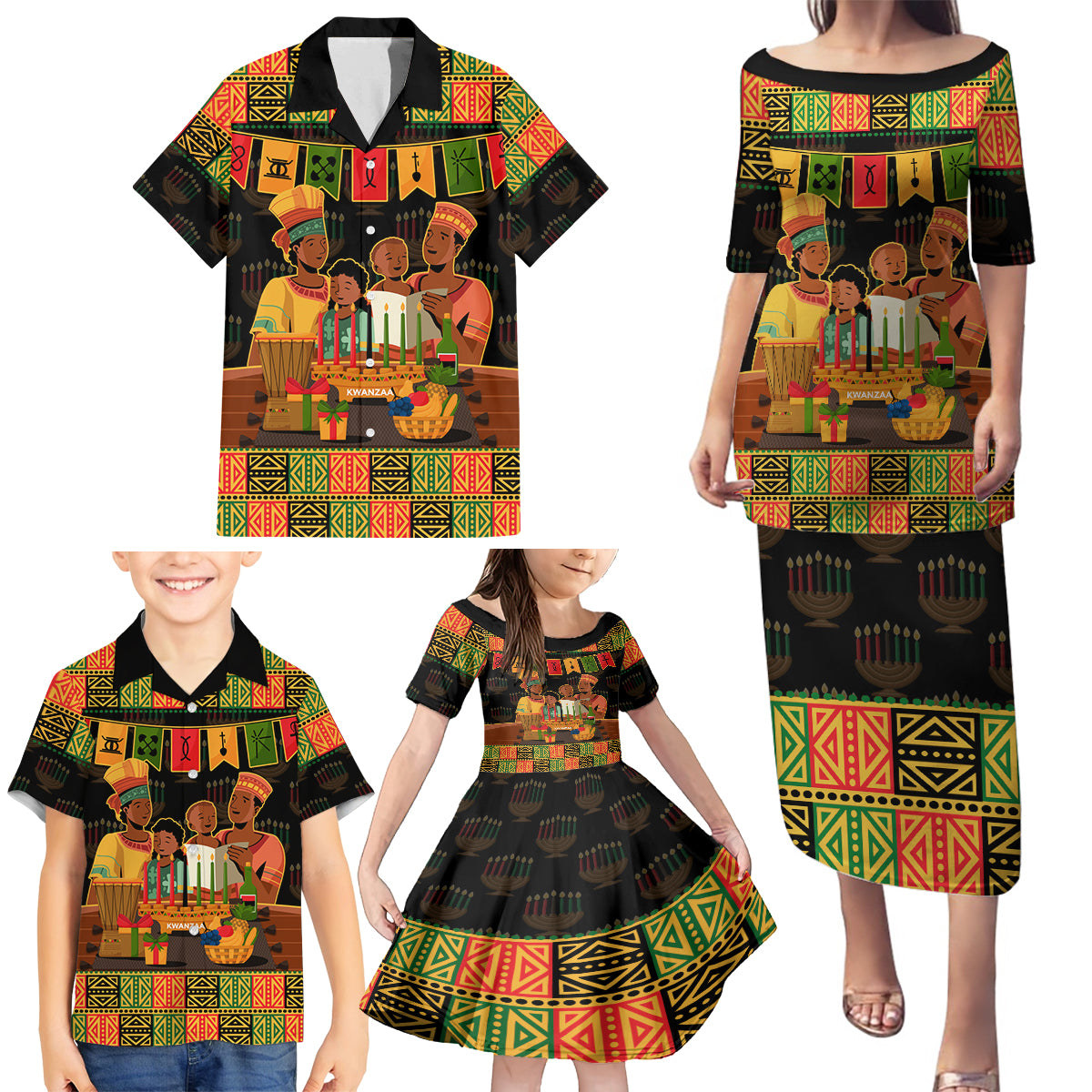Happy Kwanzaa Family Matching Puletasi Dress and Hawaiian Shirt African-American Culture Celebration - Wonder Print Shop