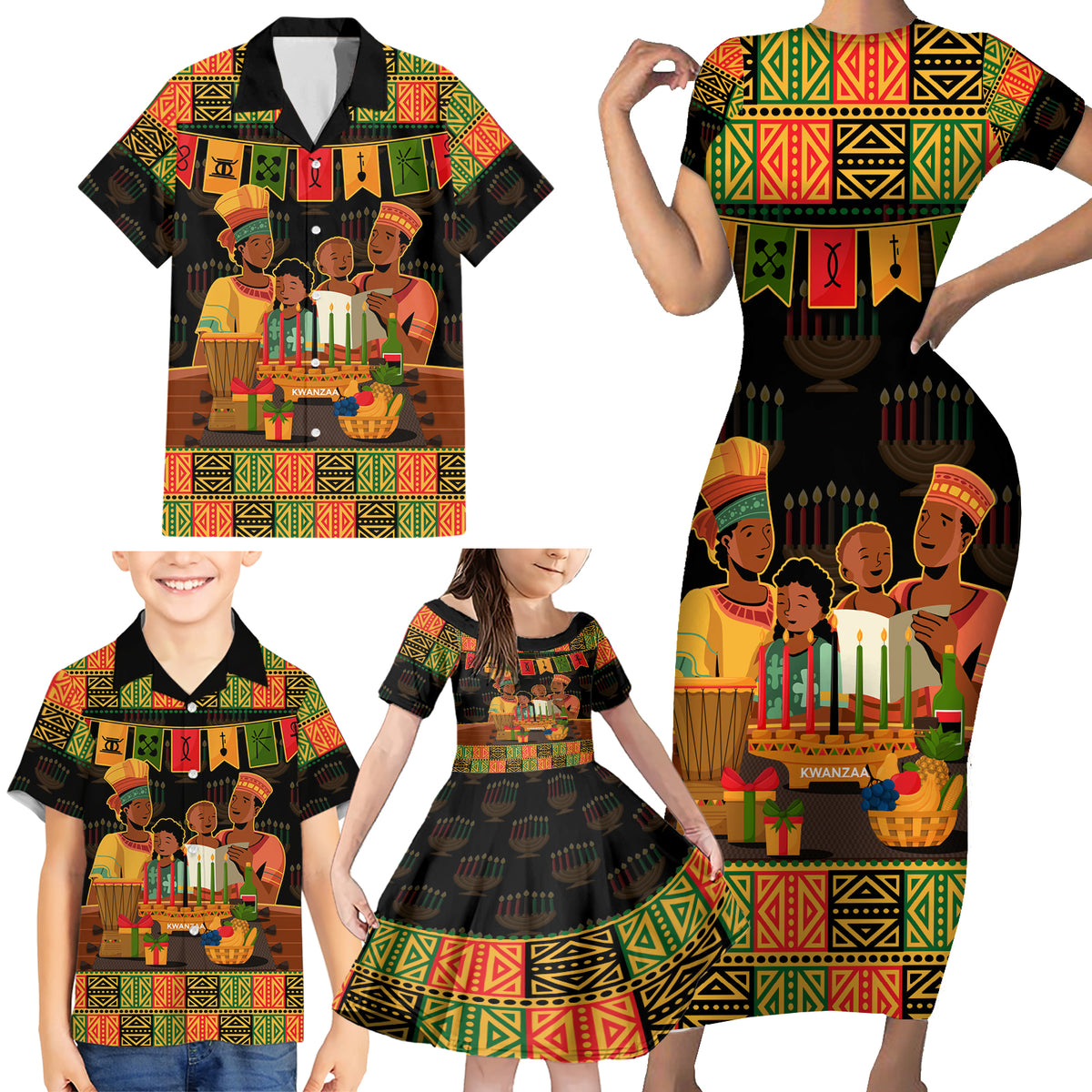Happy Kwanzaa Family Matching Short Sleeve Bodycon Dress and Hawaiian Shirt African-American Culture Celebration - Wonder Print Shop