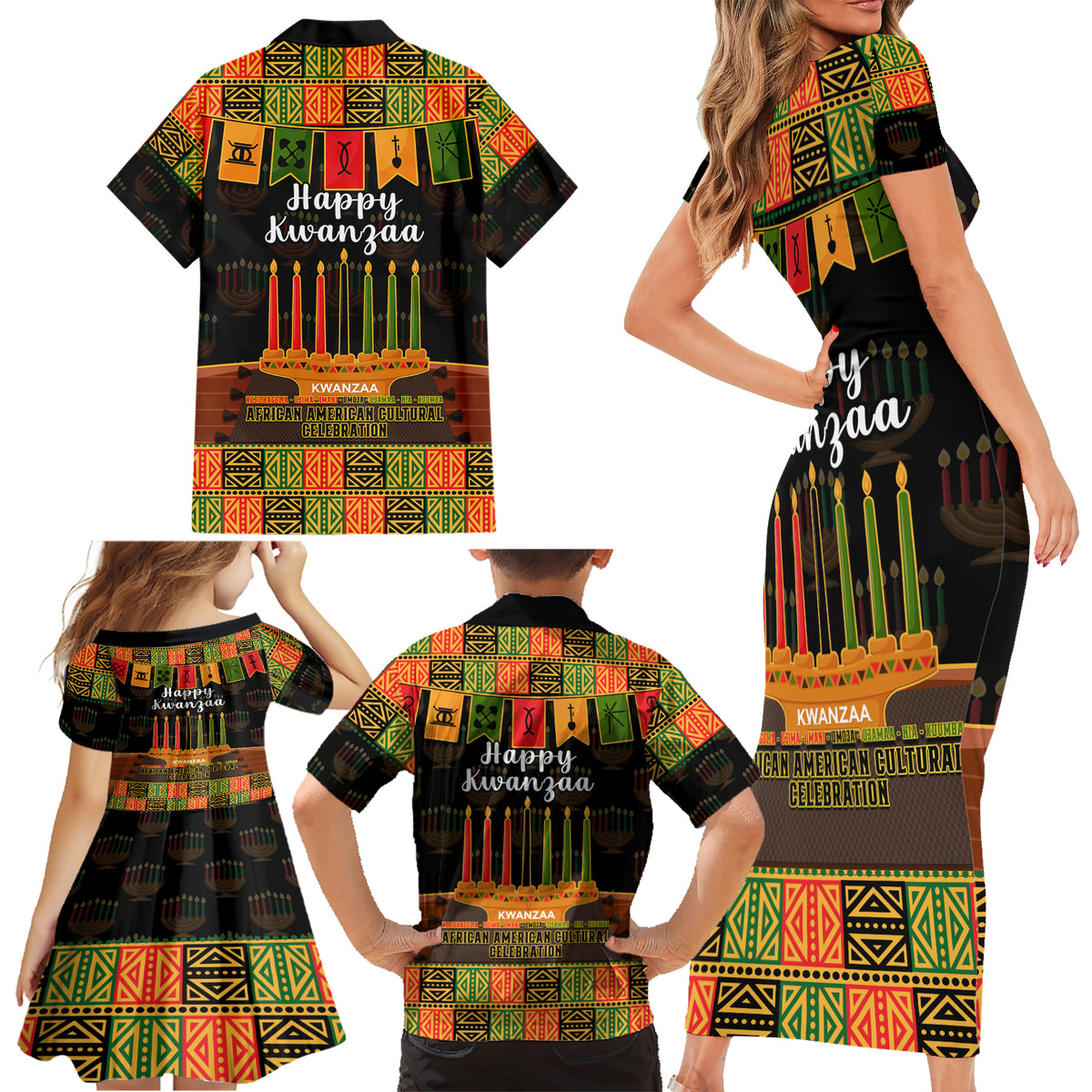 Happy Kwanzaa Family Matching Short Sleeve Bodycon Dress and Hawaiian Shirt African-American Culture Celebration - Wonder Print Shop