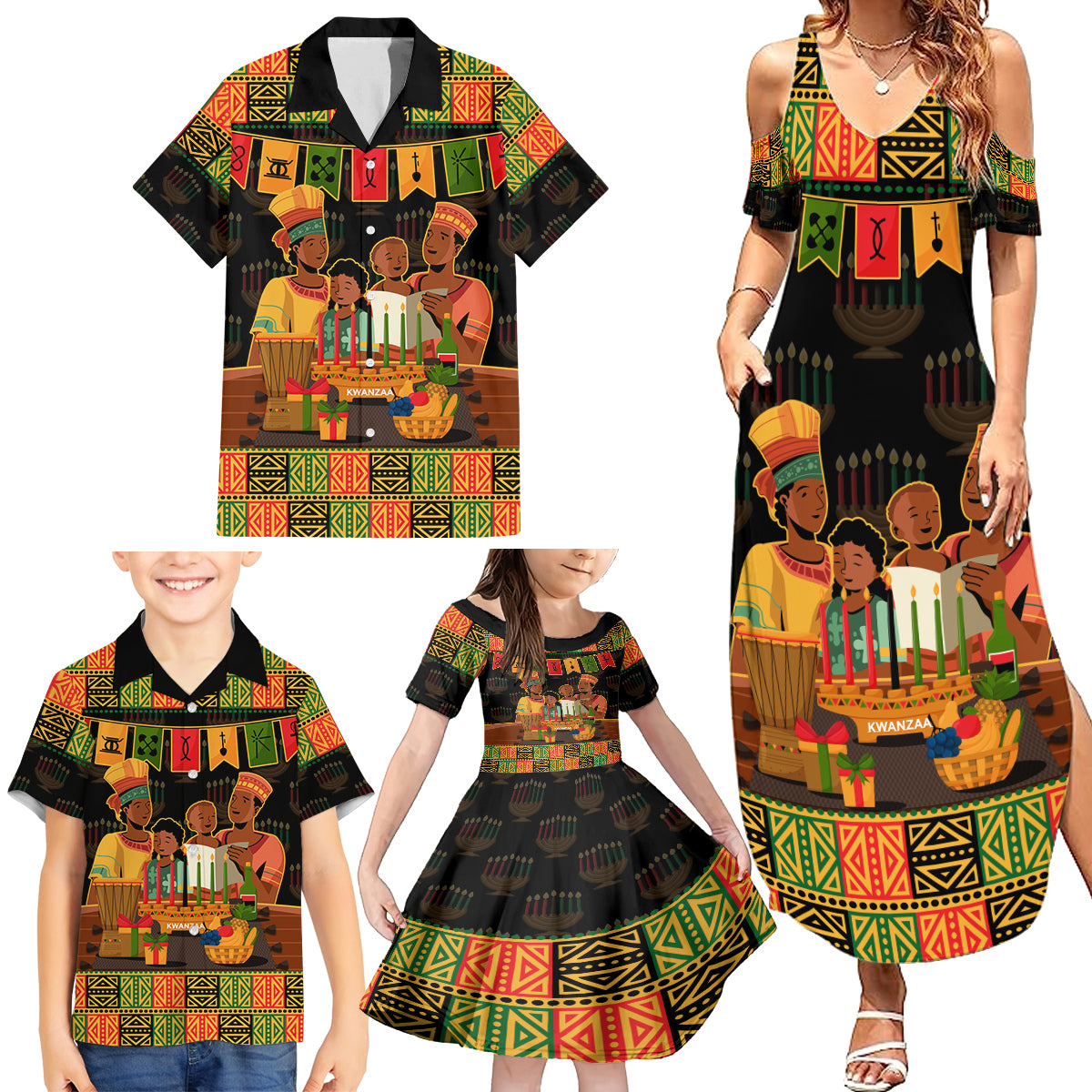 Happy Kwanzaa Family Matching Summer Maxi Dress and Hawaiian Shirt African-American Culture Celebration - Wonder Print Shop