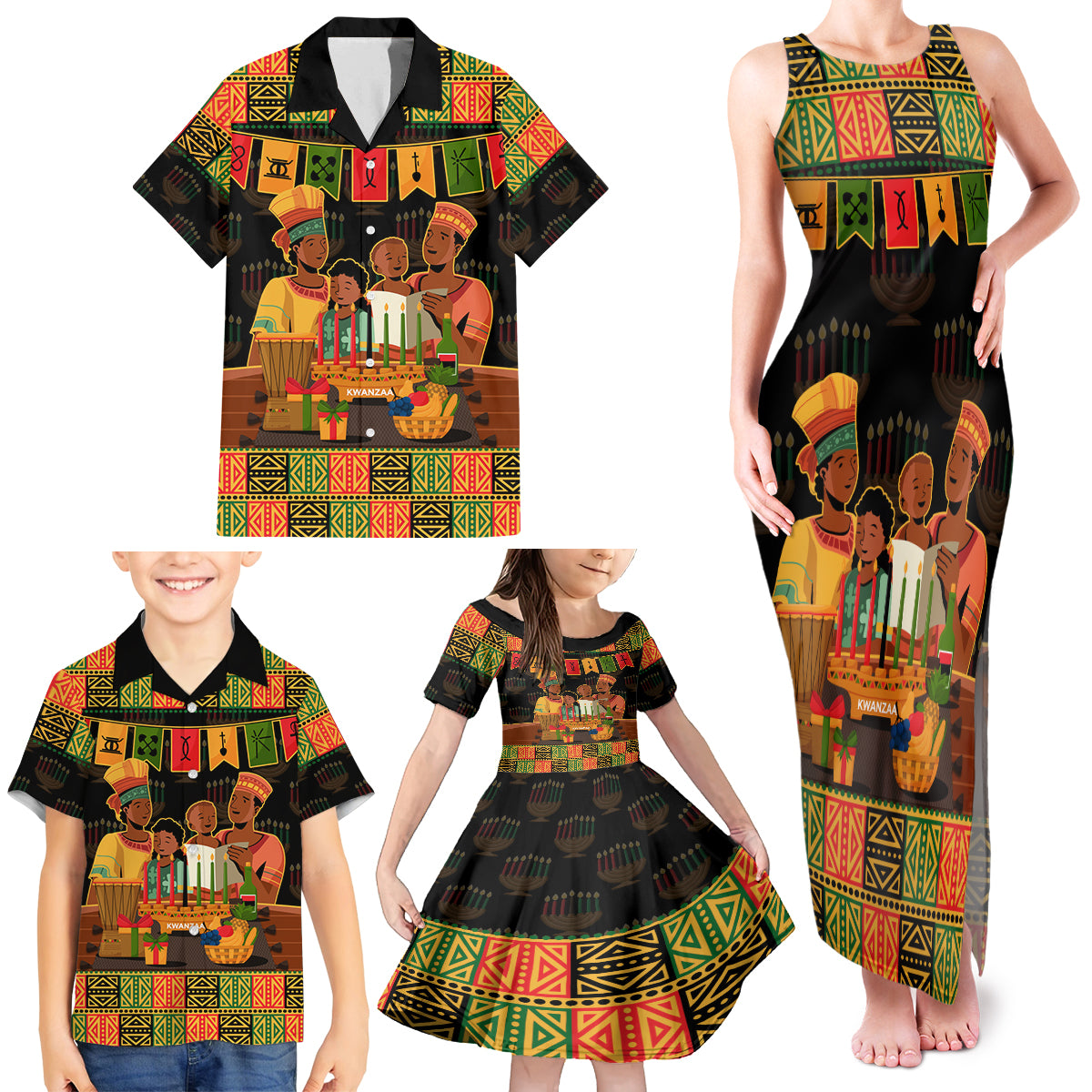 Happy Kwanzaa Family Matching Tank Maxi Dress and Hawaiian Shirt African-American Culture Celebration - Wonder Print Shop