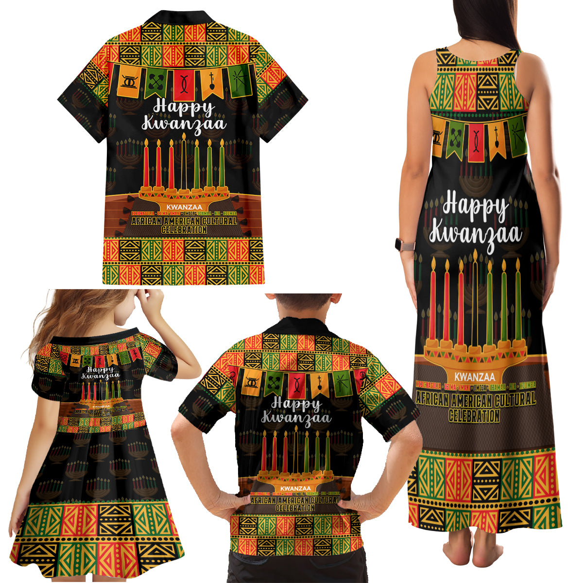 Happy Kwanzaa Family Matching Tank Maxi Dress and Hawaiian Shirt African-American Culture Celebration - Wonder Print Shop