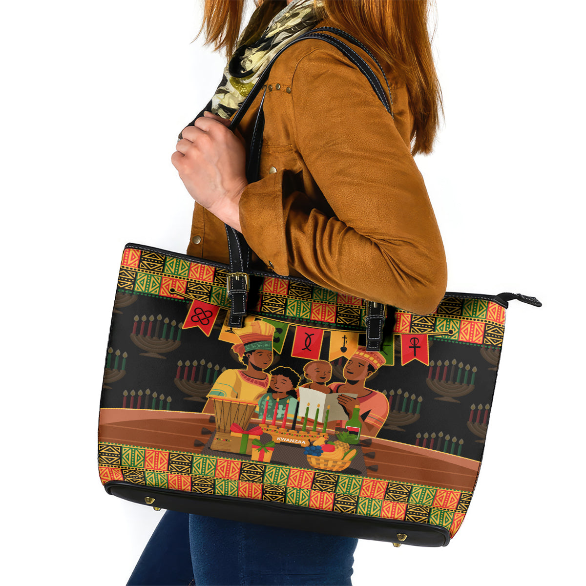 Happy Kwanzaa Leather Tote Bag African-American Culture Celebration - Wonder Print Shop
